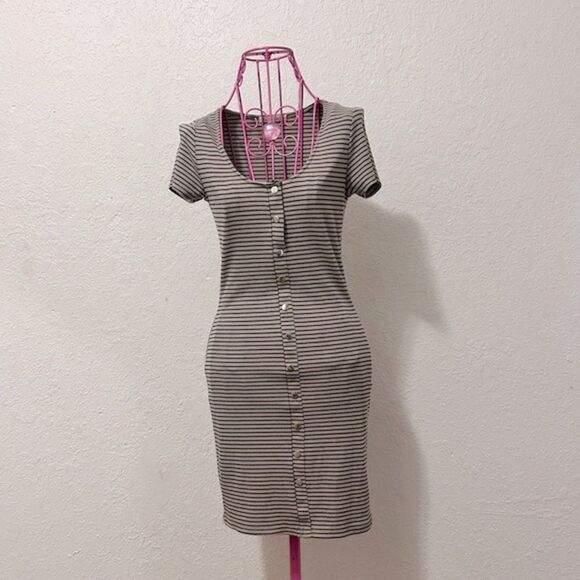 Hearts and Hips brown and tan button up striped dress size small - Picture 3 of 16